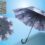 Custom cat print umbrella with pearl embellishments and fiberglass frame