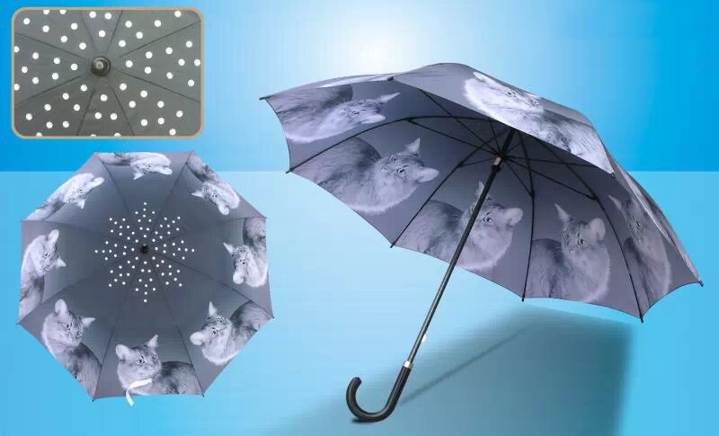 Custom cat print umbrella with pearl embellishments and fiberglass frame