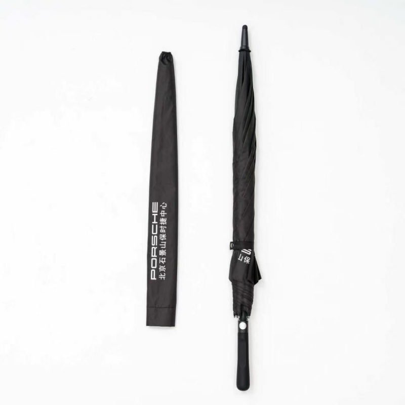 Closed custom logo golf umbrella with matching black storage sleeve