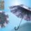 Custom cat print umbrella with pearl embellishments and fiberglass frame
